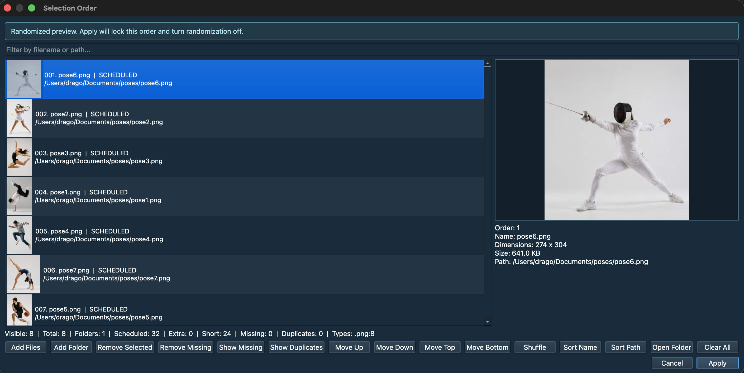 GestureSesh Manage Order window with thumbnails and missing-file detection